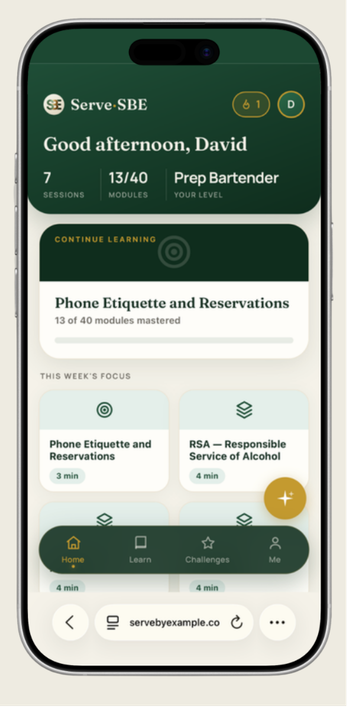 Serve By Example staff training app on mobile – pre-shift brief screen